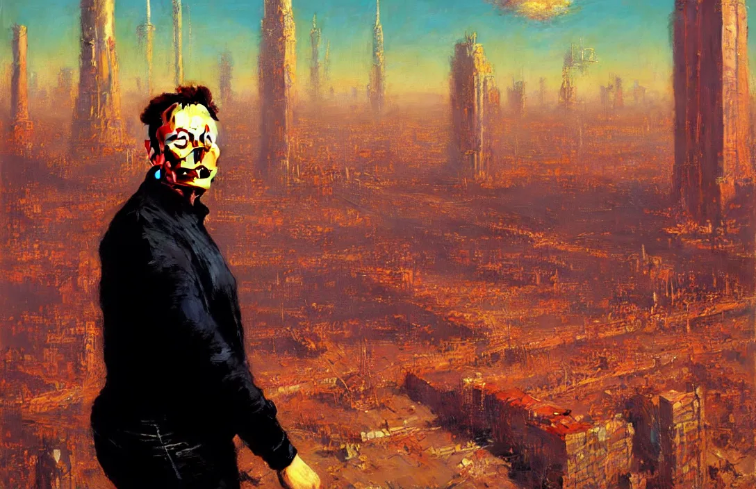 Image similar to portrait of elon musk!!!!!!!!!!!!!!!!!!!!!!!!!!!, detailed face, detailed painting, detailed city background, epic lighting, by ilya repin and phil hale