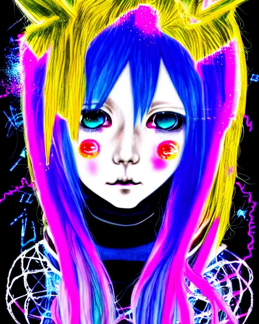 Image similar to neo tokyo japanese anime kawaii decora hologram of rimuru tempest, sky blue hair, golden yellow eyes, wearing black stylish clothing, holography, irridescent, baroque visual kei glitch art, a detailed pencil portrait with watercolor of a beautiful monster high doll, by sabrina eras, alice x. zhang, agnes cecile, blanca alvarez