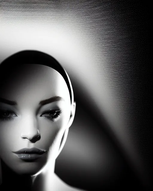 Image similar to black and white high quality photo of a beautiful female human-cyborg looking into a sci-fi mirror, volumetric lighting, liminal space, brutalism, foggy, dreamy, hyperdetailed, bokeh, photorealistic, cinematic, masterpiece, Metropolis, elegant, dark, octane render, 8K, in the style of Man Ray