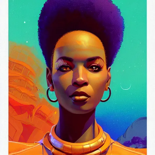 Image similar to afrofuturism woman with a cute - fine - face, pretty face, oil slick hair, realistic shaded perfect face, extremely fine details, by realistic shaded lighting, dynamic background, poster by ilya kuvshinov katsuhiro otomo, magali villeneuve, artgerm, jeremy lipkin and michael garmash and rob rey, and silvain sarrailh