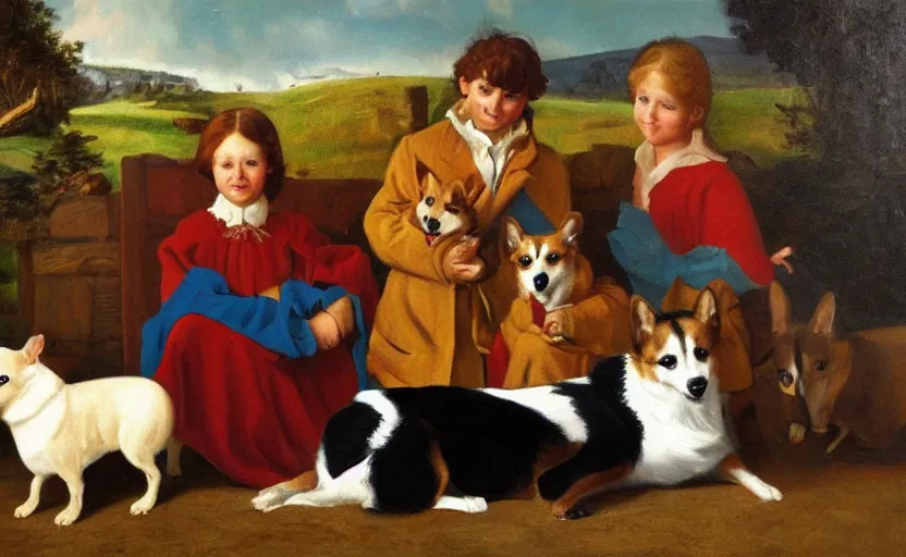 Prompt: oil painting by edward hicks of the peaceable kingdom with corgis.