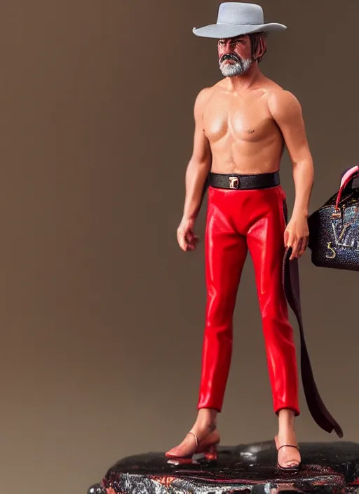 Prompt: 8 0 mm resin detailed miniature of sean connery from zardoz wearing a red bikini and a hat and proudly showing off a louis vuitton leather purse, product introduction photos, 4 k, full body