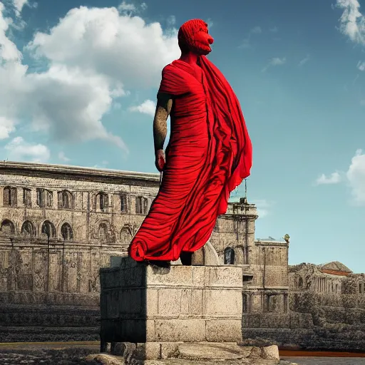 Image similar to a roman statue covered by red cloth that's blowing in the wind, digital art, concept art, cloth simulation with houdini, octane, redshift, 8 k