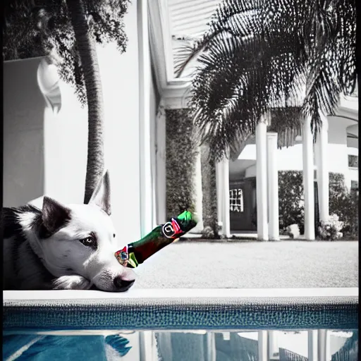 Image similar to a very detailed photo of a dog ( smoking a cigar ) outside the mansion by the pool