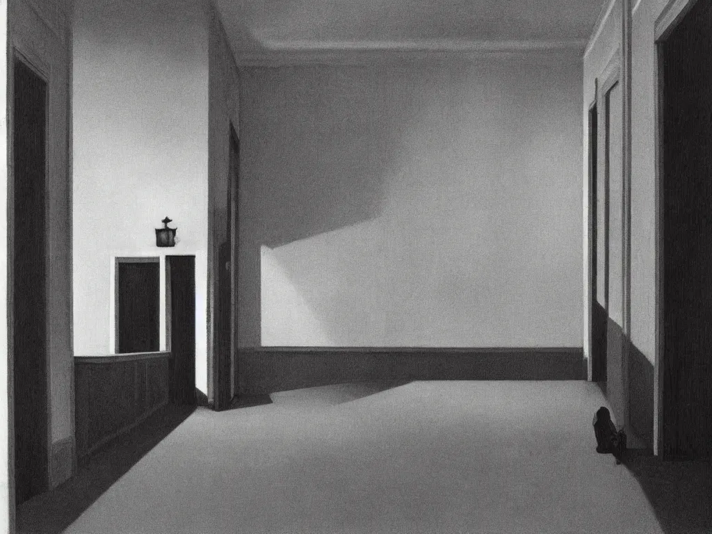 Image similar to the shinning hotel hallway, 70s, americana, dim, dark, lone scary silhouette in the distance, ultra view angle view, realistic detailed painting by edward hopper