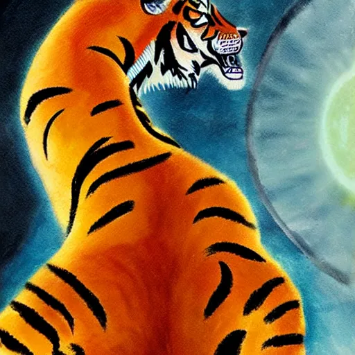 Image similar to Tiger walks through a dimensional portal,side view, Fantasy Art