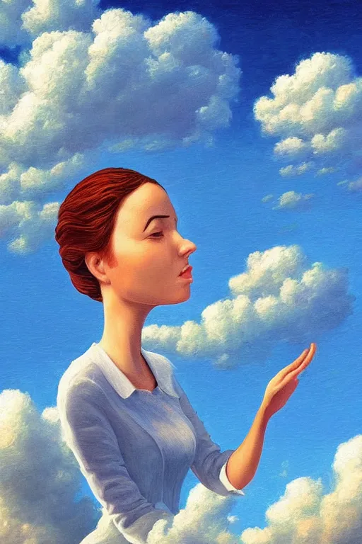 Image similar to closeup, giant flower head, woman in suit, clouds in sky, surreal, impressionist painting, digital painting, artstation, rob gonsalves