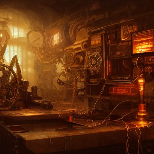 Prompt: steampunk gaming computer, powerful, dramatic lighting, intricate, wild, highly detailed, digital painting, cinematic, artstation, concept art, sharp edges and focus, illustration, design