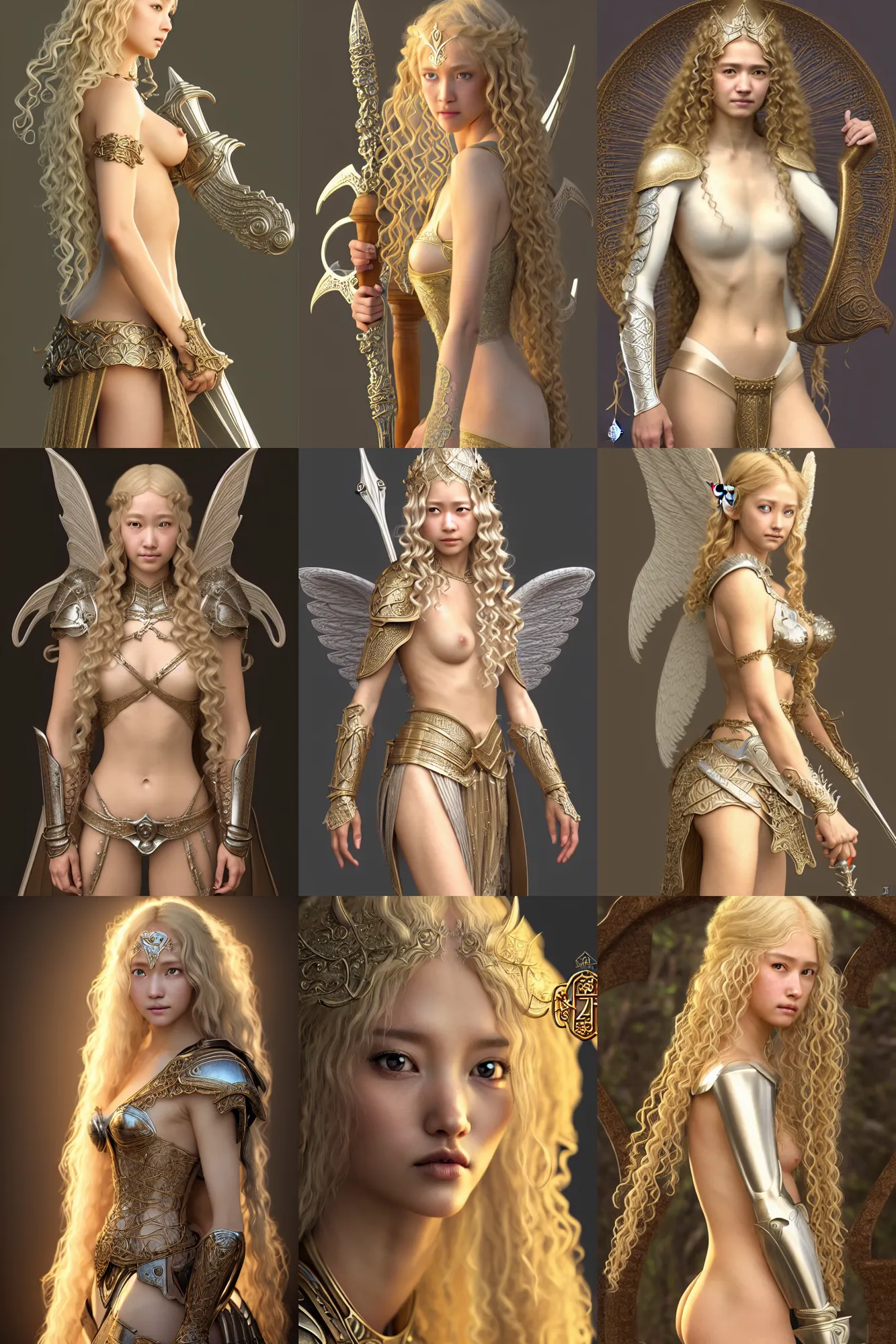 Prompt: complex 3 d hyper realistic smooth ultra sharp render of a gorgeous angelic elven princess paladin knight woman | tanned skin, curly blonde hair | d & d, medieval, fantasy | intricate, high detail, octane render | art by oh jinwook + 吵 集 仁 儿 on artstaion + takeshi obata + alphonse mucha