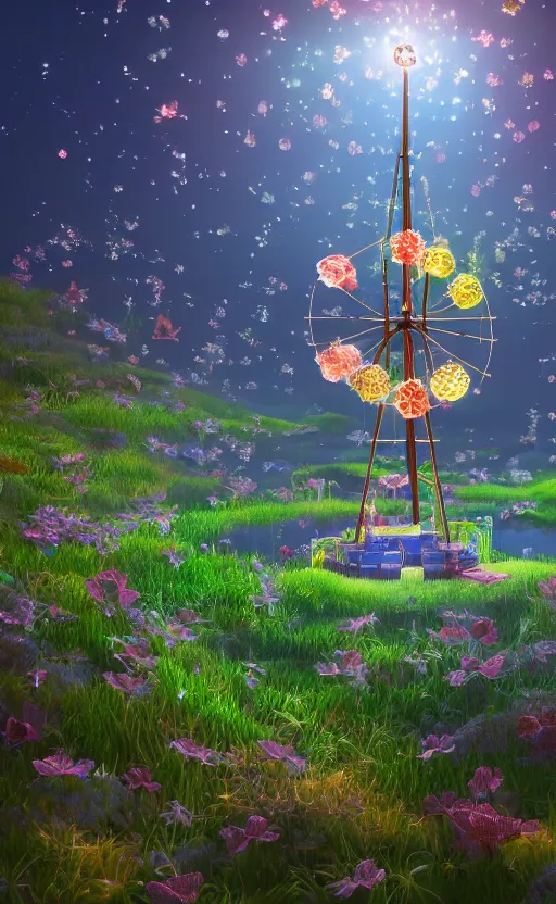 Image similar to tiny wooden windmill, floating, rbc, radiolaria, protophyta, micro - organisms, center frame, symmetric, rim light, marine microbiology, bioluminescence, electric, soft, concept art, intricate details, highly detailed, colorful, photorealistic, disney pixar, octane render, iridescent, anime, 8 k