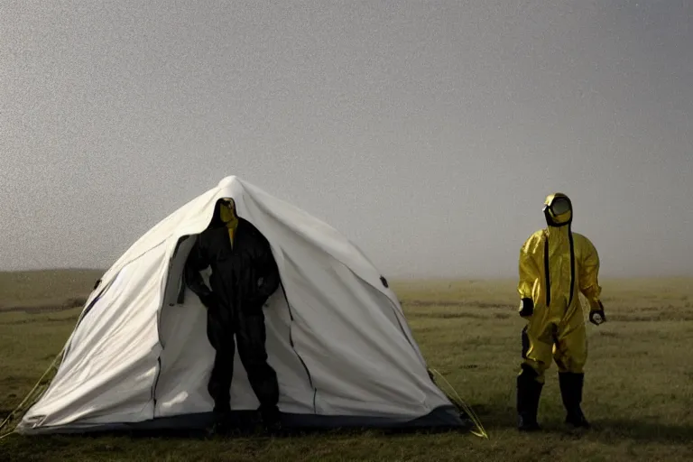 Image similar to man wearing hazmat suit in clean tent. by Roger Deakins