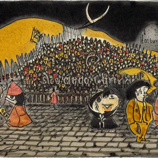 Image similar to ecstatic by alexander jansson dark black, ochre. a illustration of a bullfight in spain. the illustration is set in an arena with spectators in the stands. several figures in the illustration, including a matador & a bull.