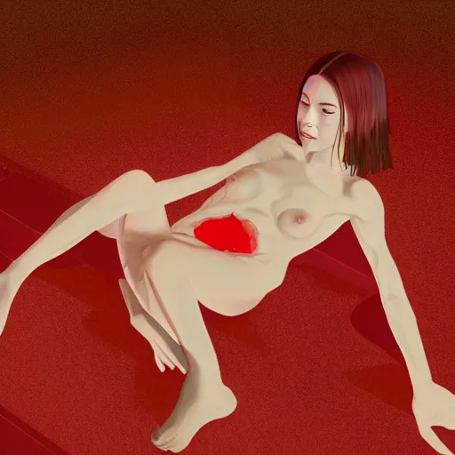 Image similar to Kiko Mizuhara full body laying in a blood red pool of water between a golden mirror frame, outside is space and inside the mirror frame is a beautiful landscape., physically accurate, dynamic lighting, intricate, elegant, highly detailed, digital painting, artstation, HR GIGER, Hieronymus Bosch, Francis Bacon, concept art, smooth, sharp focus, illustration, art by artgerm and greg rutkowski and alphonse mucha