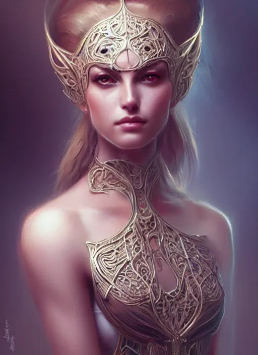 Image similar to portrait of female in wearable art, intricate details, elegant, highly detailed, digital photography, artstation, glamor pose, concept art, smooth, sharp focus, art by artgerm and greg rutkowski