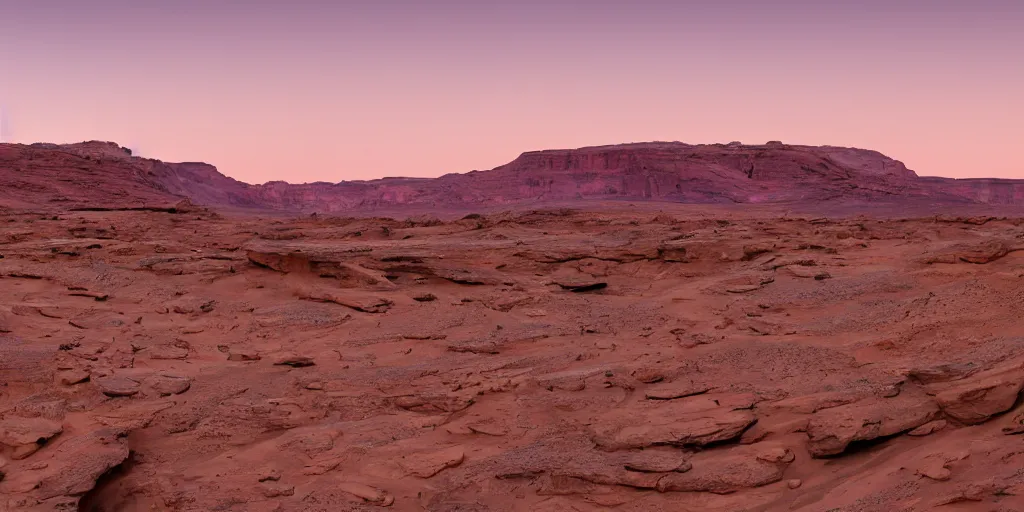 Image similar to a view looking out of a cave of a dried up river bend running through a canyon surrounded by desert mountains at sunset on mars, purple sky, two moons, planet mars, moab, utah, a tilt shift photo by frederic church, trending on unsplash, hudson river school, photo taken with provia, national geographic photo