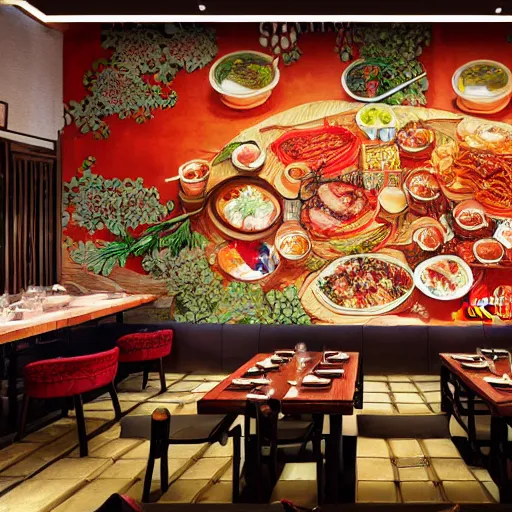 Image similar to a beautiful hyperdetailed interior 4 k hd wallpaper illustration of roasted string hotpot restaurant restaurant yan'an, wall painting, from china, with merchant logo, people are eating kebabs, fine delicate structure, surrealistic, chinese style, victo ngai