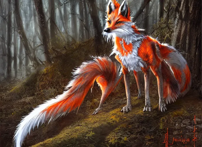 Image similar to ashigaru steampunk - inspired feathered fox, colorful plumage, lacquered armor, cute but determined, hard focus, art station, by jessica rossier and brian froud, cinematic fantasy painting, orange grey white, in a woodland glade