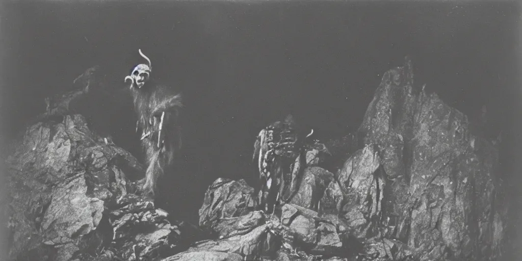 Image similar to krampus eating a mountain, 1920s photography, grainy, eerie, dark