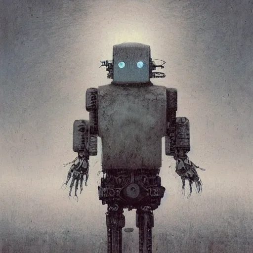 Image similar to robot ghost, glitch distortion, Unbearable Anxiety, by Stephen Gammell and Beksinski and Stalenhag.