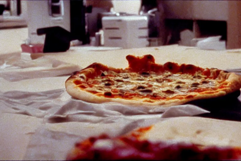 Prompt: stuffed crust pizza in cyberspace, in 1 9 8 5, y 2 k cybercore, industrial low - light photography, still from a ridley scott movie