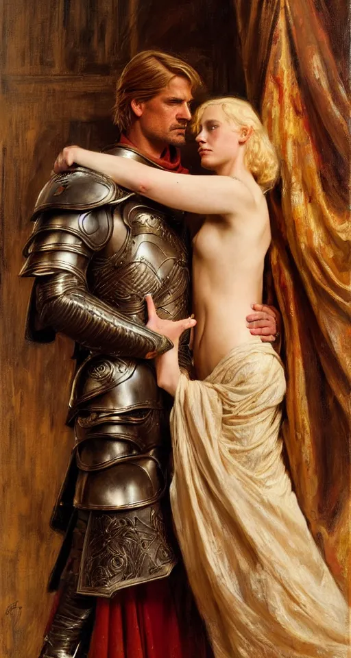 Image similar to attractive fully clothed jaime lannister confesses his love for attractive fully armored brienne of tarth. highly detailed painting by gaston bussiere and j. c. leyendecker 8 k