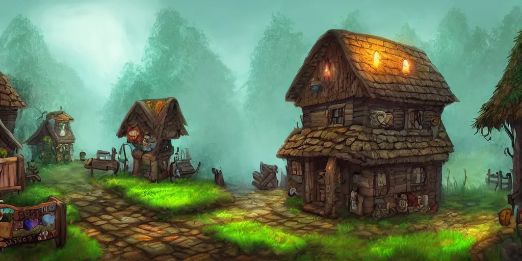 Image similar to village in the woods with an apothecary shop, ominous mist, high quality masterpiece acclaimed 2 d platformer, artstation