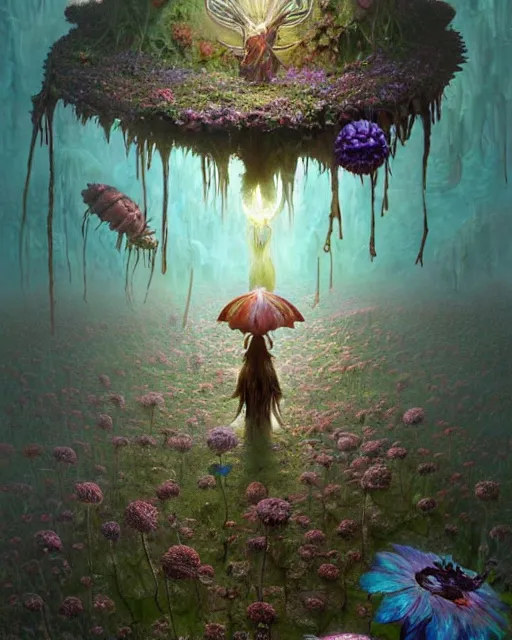 Image similar to the platonic ideal of flowers, rotting, insects and praying of cletus kasady carnage davinci dementor chtulu mandelbulb ponyo alice in wonderland dinotopia watership down, fantasy, ego death, decay, dmt, psilocybin, concept art by greg rutkowski and simon stalenhag and alphonse mucha