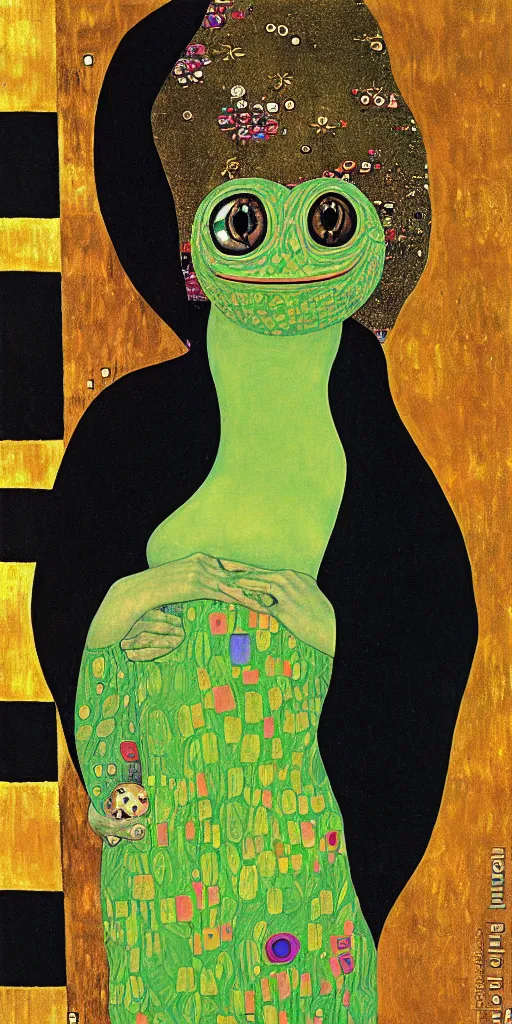 Image similar to pepe the frog in portrait of adele bloch - bauer i by gustav klimt