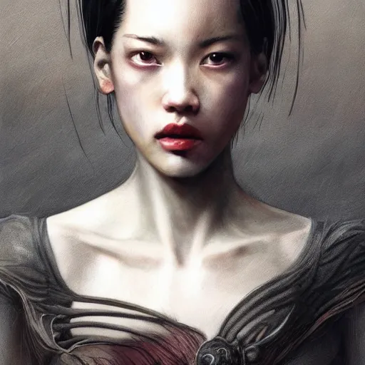 Prompt: Kiko Mizuhara unsettling scary terrifying, physically accurate, very dramatic dynamic lighting, intricate, very very elegant, highly detailed, digital painting, artstation, very hyperrealistic, very very very HR GIGER, very Bensinski, Hieronymus Bosch, Francis Bacon, concept art, smooth, sharp focus, illustration, art by artgerm and greg rutkowski and alphonse mucha