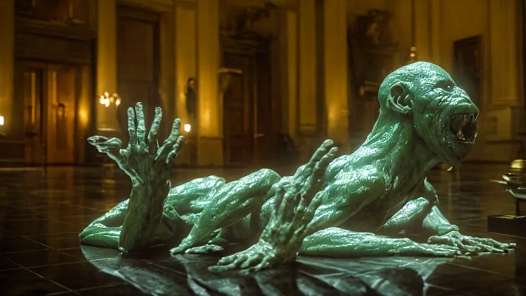 Image similar to the strange creature in city hall, made of wax and water, film still from the movie directed by Denis Villeneuve with art direction by Salvador Dalí, ultra low angle