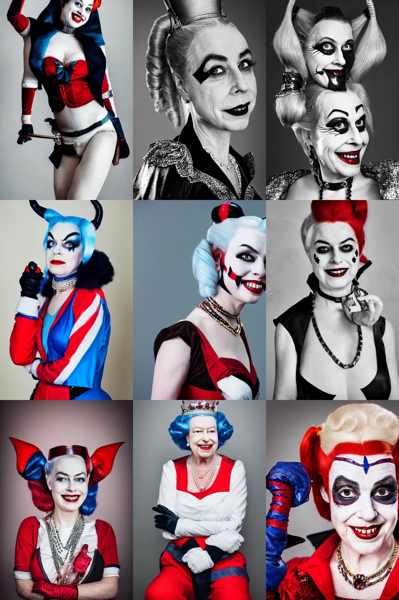 Prompt: Queen Elizabeth dressed as Harley Quinn, professional portrait photo, 100 mm lens