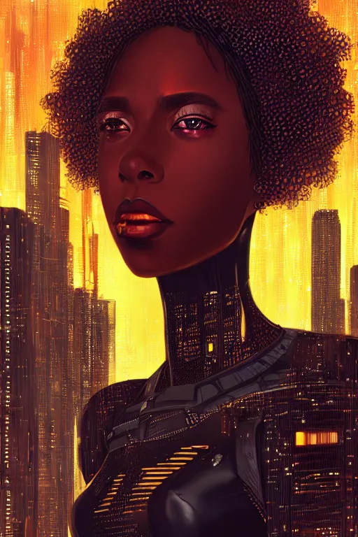 Prompt: a beautiful young black woman, cyberpunk, blade runner city background, anime, highly detailed, artstation, illustration, art by gustav klimt