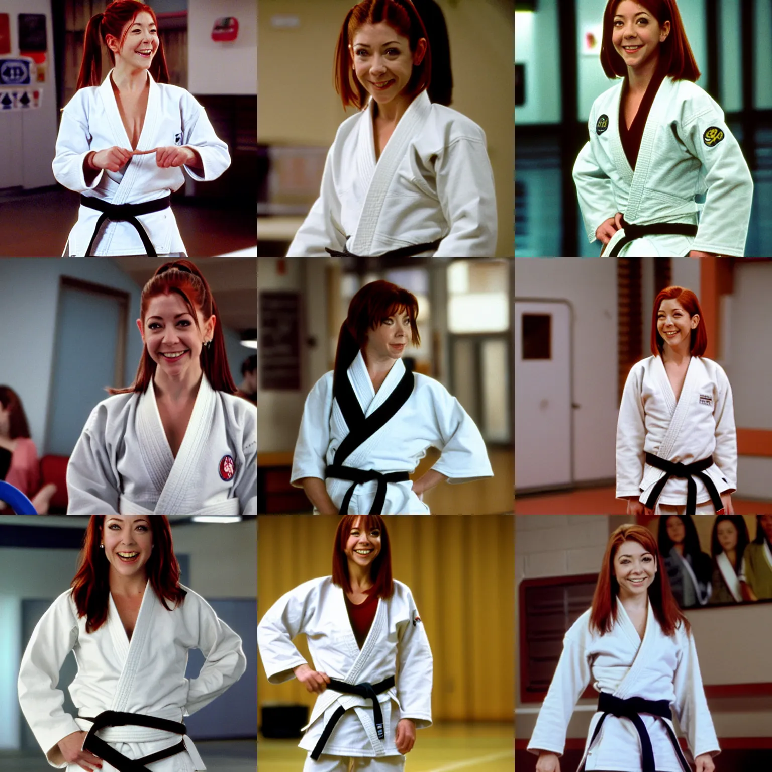 Prompt: Alyson Hannigan/Willow Rosenberg as a judo black belt teacher, wearing white clothes, in a gym, smiling, tv still from Buffy the Vampire Slayer (1997), detailed high quality photo by Annie Leibovitz