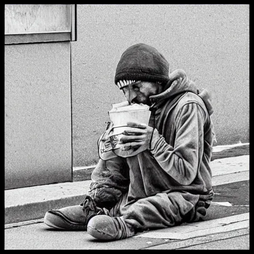 Prompt: homeless megaman begging for food on the street, sad, hobo, photorealistic, trash