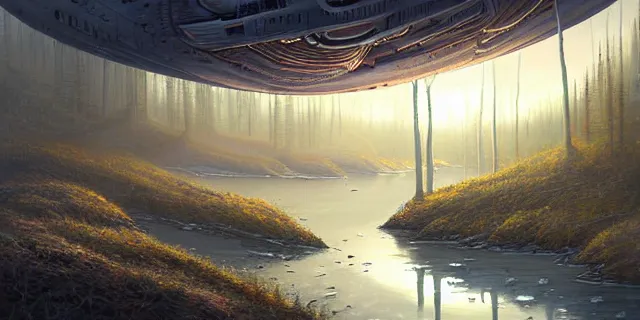 Image similar to painting group of sci - fi adventures searching birch trees forest for crashed ship by tomasz alen kopera and cornelius dammrich with futuristic city scape ion the distance by eddie jones and simon stahlenhag