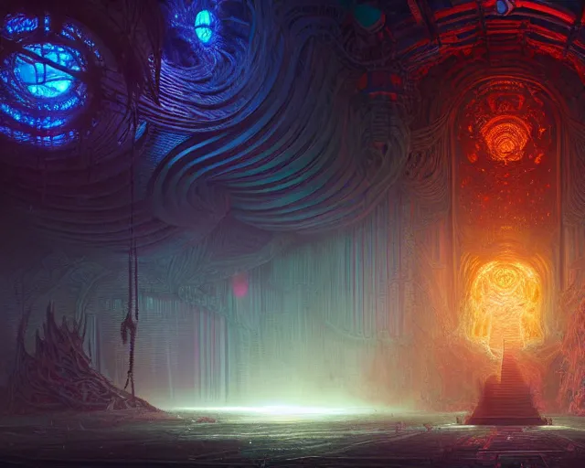 Prompt: cosmic horror in an abandoned space, volumetric lighting, intricately detailed, cosmic horror, vibrant colors, Art station, Epic scale, art by Greg Rutkowski, art by Ruth Asawa, art by Ted Nasmith, art by H.R. Giger, Octane render, Unreal Engine 3D, 8k