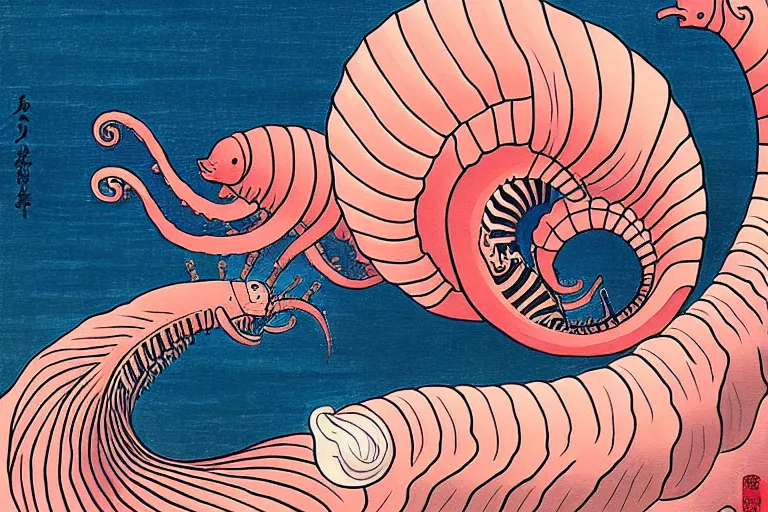 Prompt: ukiyoe painting of in a cambrian era ocean swims a nautilus above pink sand, trending on artstation