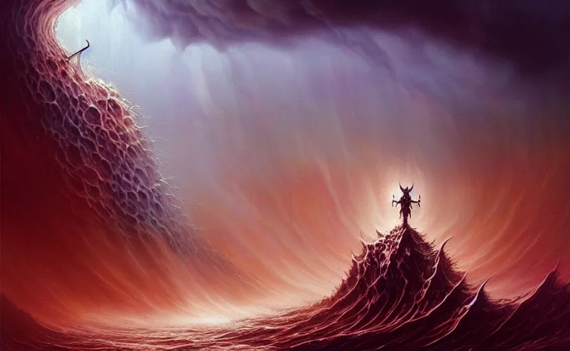 Image similar to beautiful digital fantasy illustration of a demon holding a staff!!, hellish background, a giant wave in the sky, apocalypse art!!!!, apocalypse landscape!!!!!, lovecraftian!!, cosmic horror!!!, concept art by Jarosław Jaśnikowski, a detailed matte painting by Dan Luvisi, cgsociety, fantasy art, highly detailed, soft lighting, rendered in octane, masterpiece, very very very aesthetic