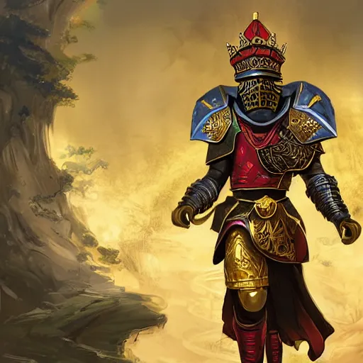 Prompt: a young black boy dressed like a moorish knight in gold armor and a crown with a ruby, charging through a dragons lair, Apex Legends character digital illustration portrait design, by adi granov, dramatic lighting, wide angle dynamic action shot