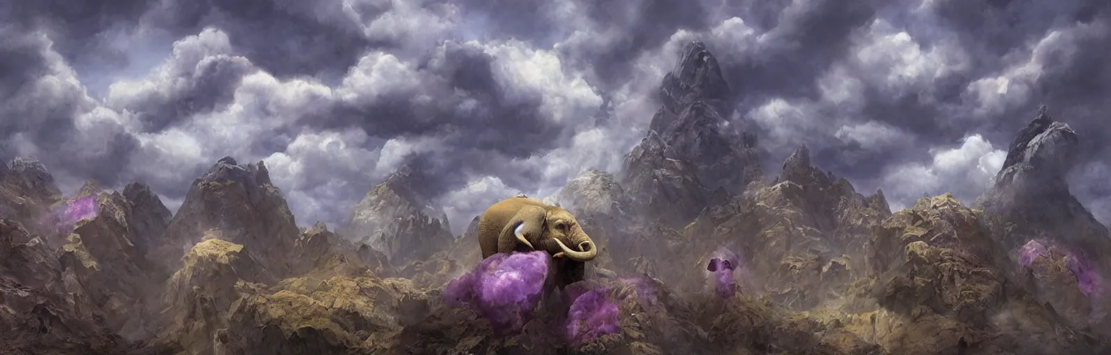 Image similar to A jagged mountain range with flying purple baby elephant, clouds, illustration, detailed, smooth, soft, warm, by Adolf Lachman, Shaun Tan, Surrealism