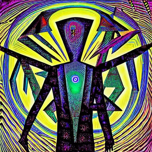 Prompt: man with a pyramid head, psychedelic art, esoteric, optical illusion