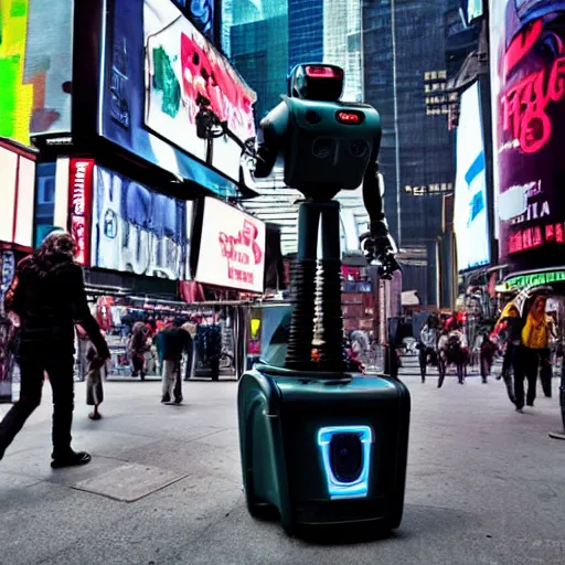 Prompt: dystopian robot in times square street photography