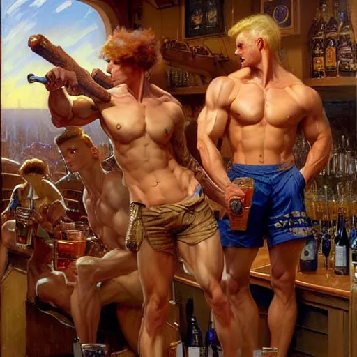 Image similar to attractive muscular aliens with brunet hair and attractive muscular alien with blond hair. pants and shorts, drinking their hearts out, in a pub. very defined and detailed painting by j. c. leyendecker, gaston bussiere, craig mullins 8 k