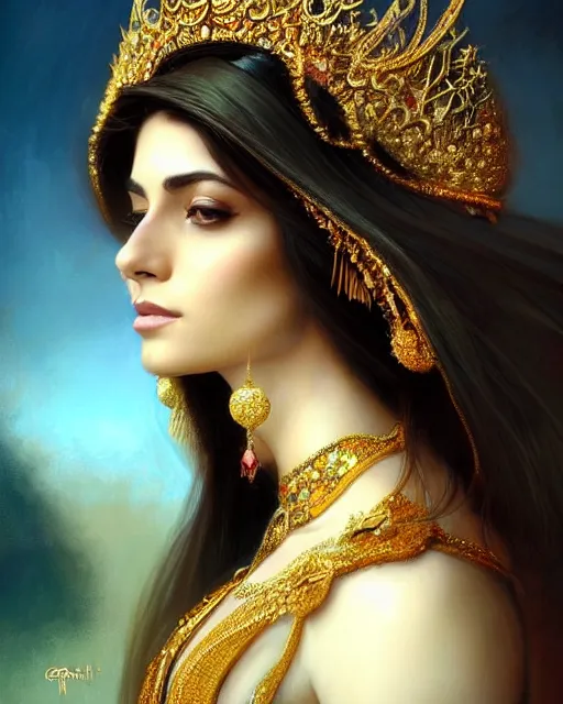 Prompt: Beautiful portrait of a Persian Princess who is an architect, beautiful princess, beautiful body, attractive, babe, face painting, full body, dramatic lighting, intricate, wild, highly detailed, digital painting, artstation, concept art, smooth, sharp focus, illustration, art by artgerm and greg rutkowski and alphonse mucha, footage from space camera