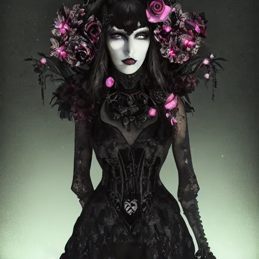 Image similar to A portrait of a Gothic goddess of floral jewels in an empty land, dark and mysterious, lively atmospheric, cinematic, 8k, 4k, ultra detail, ultra-realistic, rendered by Artstation