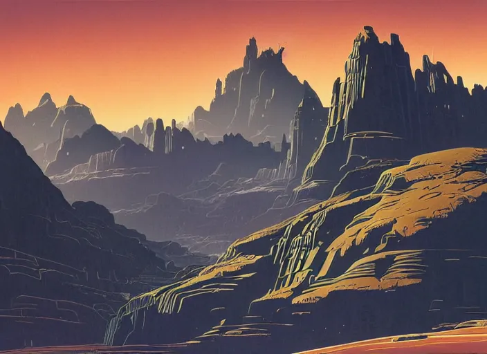 Image similar to ground view of a future city surrounded by mountains. style by peter elson and eyvind earle.