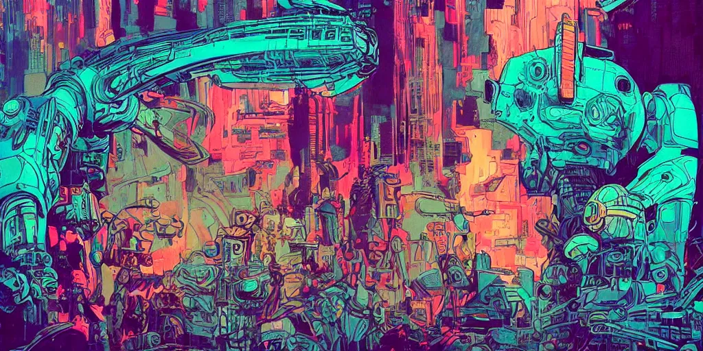 Prompt: a close - up grainy, risograph painting, hyper light drigter, neon colors, a big mech droid head floating above the people, eden's world, style by moebius and kim jung gi