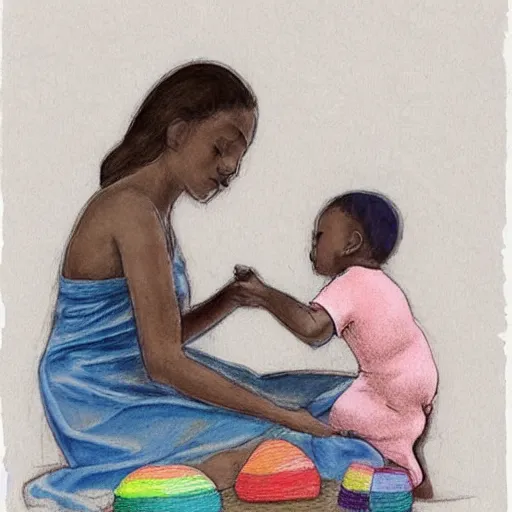 Prompt: This body art is beautiful because of its harmony of colors and its simple but powerful composition. The artist has created a scene of peaceful domesticity, with a mother and child in the center, surrounded by a few simple objects. The colors are muted and calming, and the overall effect is one of serenity and calm. pencil drawing, graphite by Nora Heysen incredible