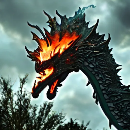 Image similar to A dragon breathing fire, the flames licking at the air.