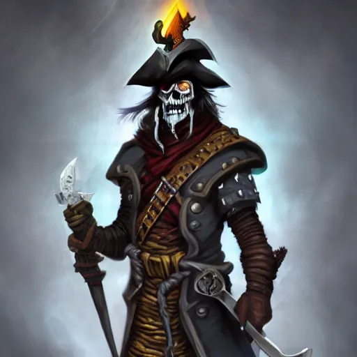 Prompt: D&D character art of undead pirate captain wielding a sandstone rapier and sandstone dagger, weapons made of sandstone. Wearing a hat with an impressive feather and with a brutal scar across his neck. Dark magic, necromancy, dark lighting, flux. High fantasy, digital painting, HD, 4k
